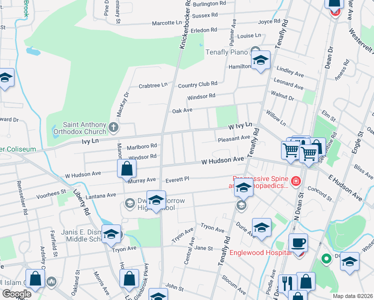 map of restaurants, bars, coffee shops, grocery stores, and more near 407 Valley View Road in Englewood