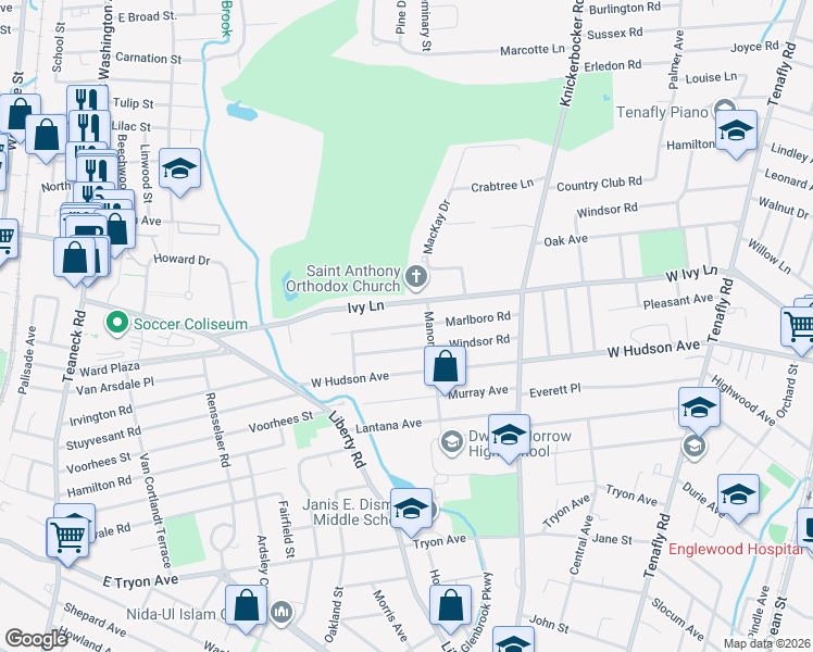 map of restaurants, bars, coffee shops, grocery stores, and more near 361 Windsor Road in Englewood