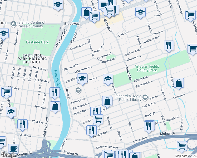 map of restaurants, bars, coffee shops, grocery stores, and more near 72 Washington Avenue in Elmwood Park