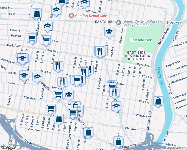 map of restaurants, bars, coffee shops, grocery stores, and more near in Paterson