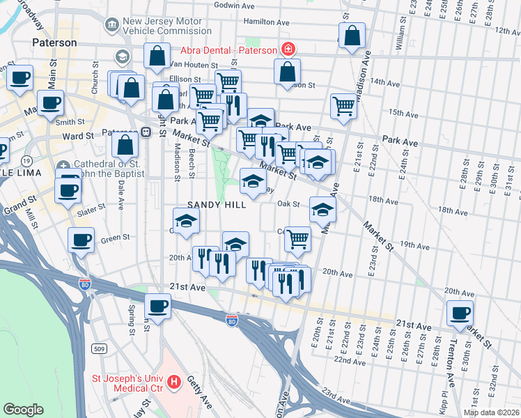 map of restaurants, bars, coffee shops, grocery stores, and more near 17 Martin Street in Paterson