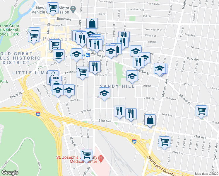 map of restaurants, bars, coffee shops, grocery stores, and more near 103 Beech Street in Paterson