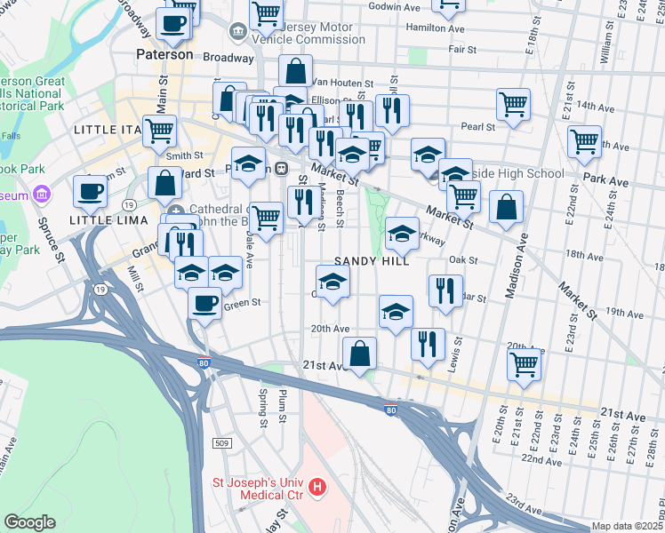 map of restaurants, bars, coffee shops, grocery stores, and more near 103 Beech Street in Paterson