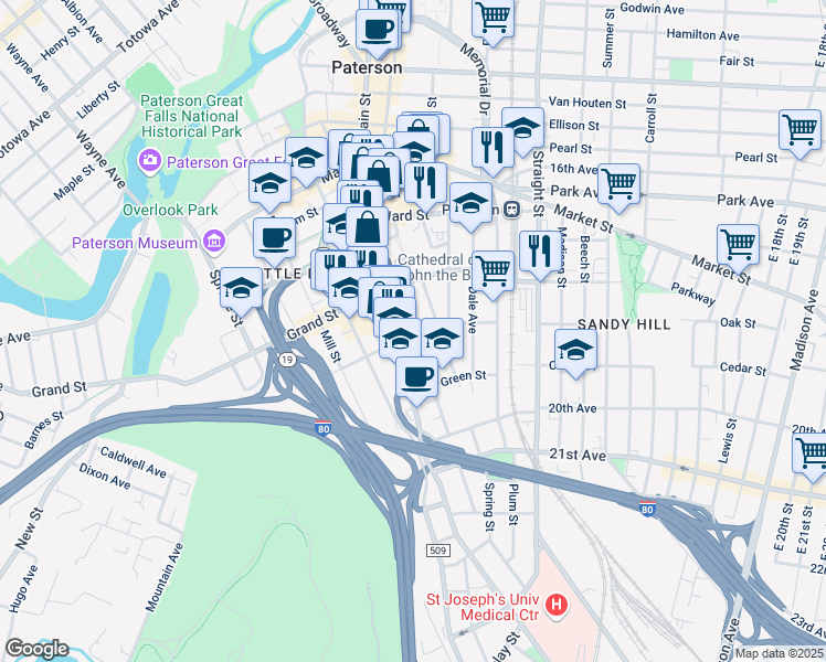 map of restaurants, bars, coffee shops, grocery stores, and more near 220 Slater Street in Paterson