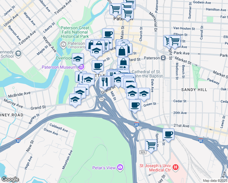 map of restaurants, bars, coffee shops, grocery stores, and more near 152 Mill Street in Paterson
