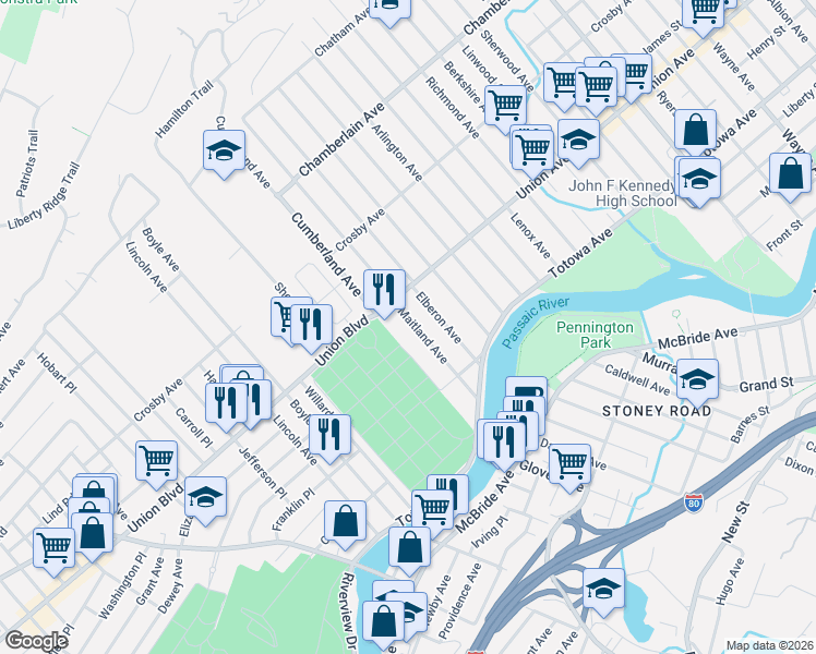 map of restaurants, bars, coffee shops, grocery stores, and more near 95 Maitland Avenue in Paterson