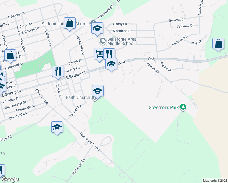 map of restaurants, bars, coffee shops, grocery stores, and more near 101 Beaver Farm Lane in Bellefonte