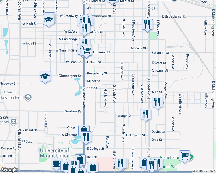 map of restaurants, bars, coffee shops, grocery stores, and more near 225 11th Street in Alliance