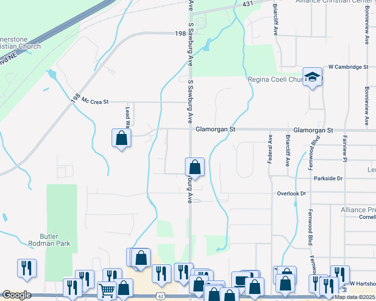 map of restaurants, bars, coffee shops, grocery stores, and more near 1277 South Sawburg Avenue in Alliance