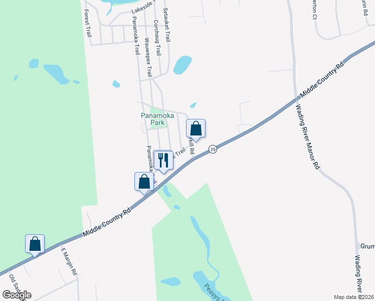 map of restaurants, bars, coffee shops, grocery stores, and more near 76 Montauk Trail in Ridge
