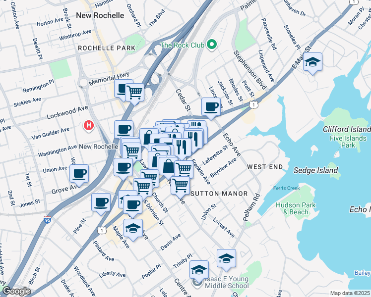 map of restaurants, bars, coffee shops, grocery stores, and more near 33 Lecount Place in New Rochelle
