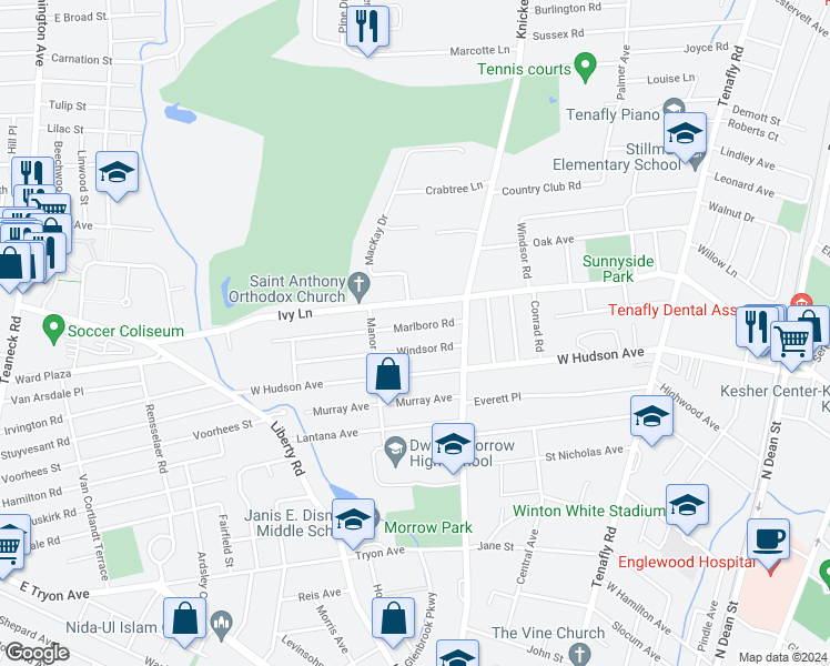 map of restaurants, bars, coffee shops, grocery stores, and more near 312 Marlboro Road in Englewood