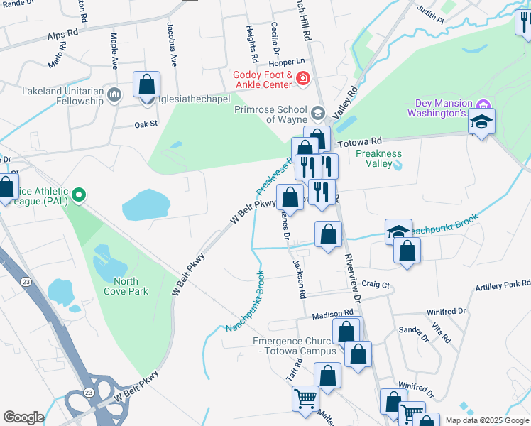 map of restaurants, bars, coffee shops, grocery stores, and more near 6 West Belt Parkway in Wayne