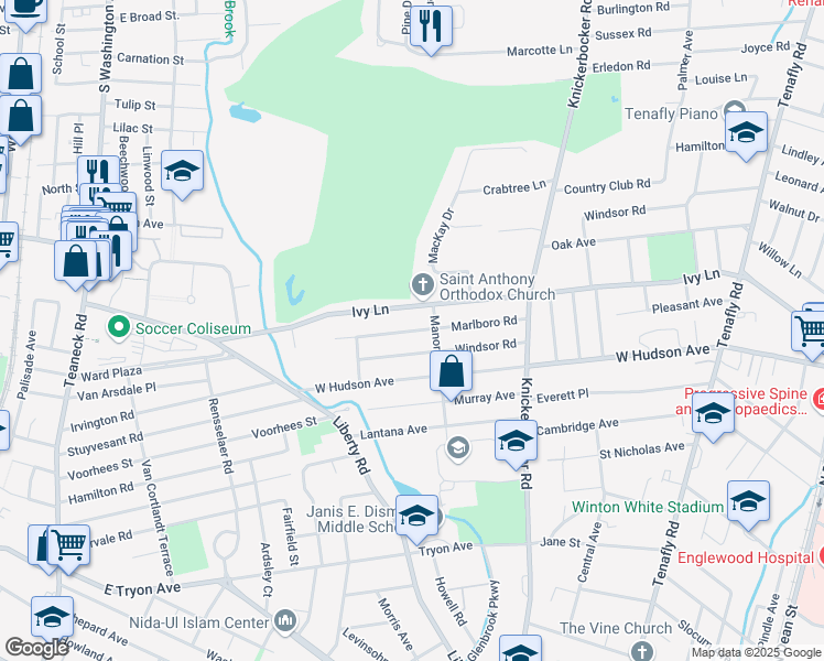 map of restaurants, bars, coffee shops, grocery stores, and more near 361 Windsor Road in Englewood
