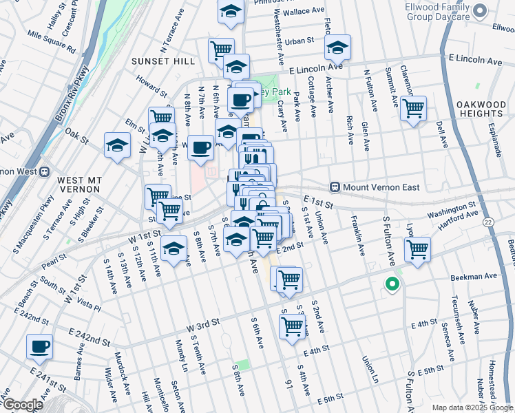 map of restaurants, bars, coffee shops, grocery stores, and more near 24 South 3rd Avenue in Mount Vernon
