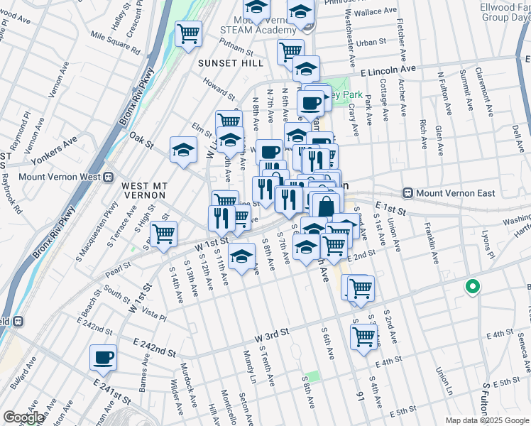 map of restaurants, bars, coffee shops, grocery stores, and more near 121 Stevens Avenue in Mount Vernon