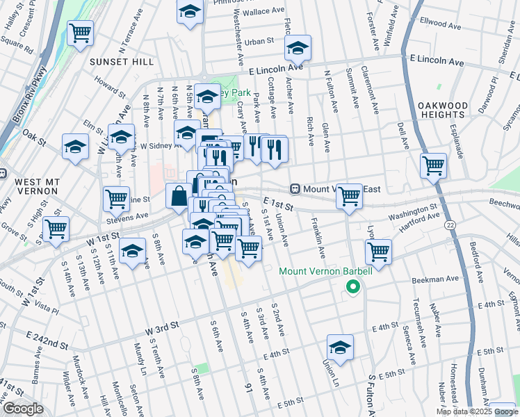 map of restaurants, bars, coffee shops, grocery stores, and more near 29 South 2nd Avenue in Mount Vernon