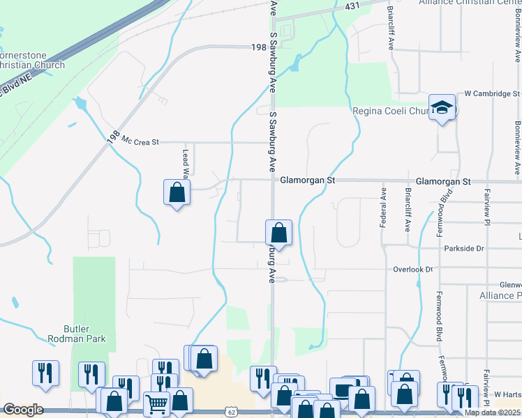 map of restaurants, bars, coffee shops, grocery stores, and more near 1277 South Sawburg Road in Alliance