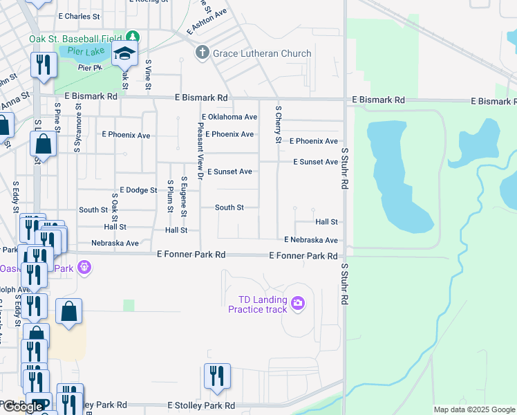 map of restaurants, bars, coffee shops, grocery stores, and more near 1069 South Street in Grand Island