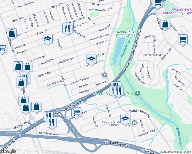 map of restaurants, bars, coffee shops, grocery stores, and more near 30 Kuhn Court in Saddle Brook