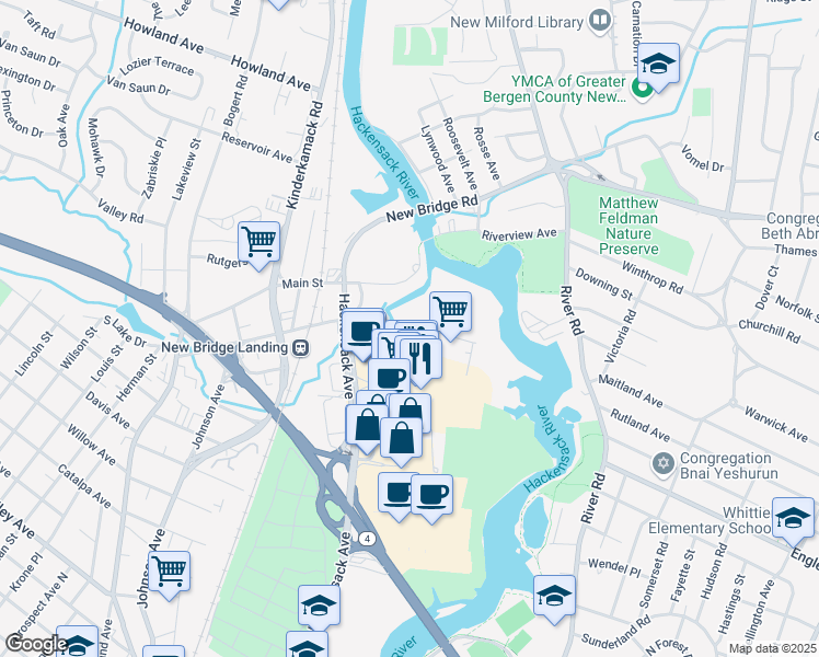 map of restaurants, bars, coffee shops, grocery stores, and more near 60 Commerce Way in Hackensack