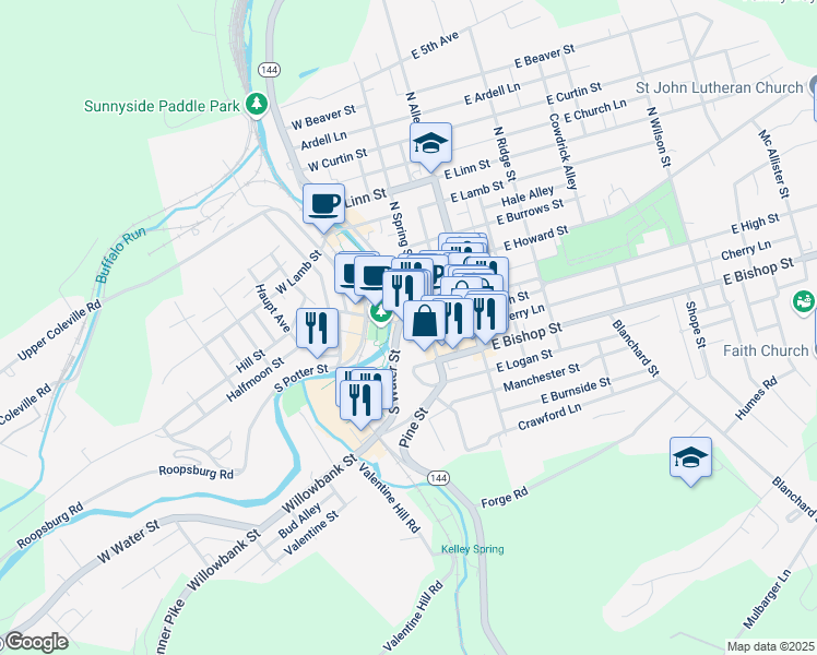 map of restaurants, bars, coffee shops, grocery stores, and more near 218 West High Street in Bellefonte