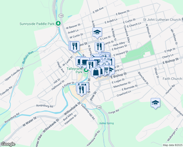 map of restaurants, bars, coffee shops, grocery stores, and more near 222 West High Street in Bellefonte