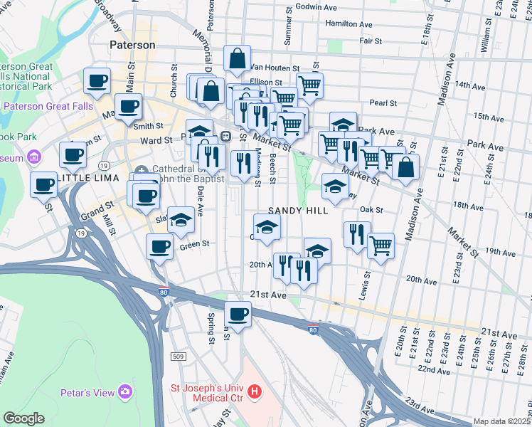 map of restaurants, bars, coffee shops, grocery stores, and more near 30 Oak Street in Paterson