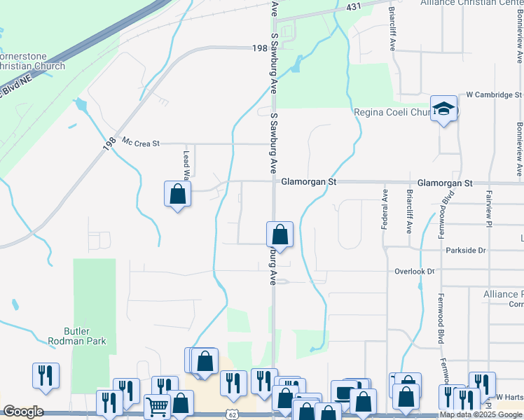 map of restaurants, bars, coffee shops, grocery stores, and more near 1277 South Sawburg Road in Alliance