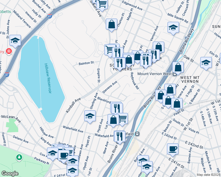 map of restaurants, bars, coffee shops, grocery stores, and more near 28 Stevens Avenue in Yonkers