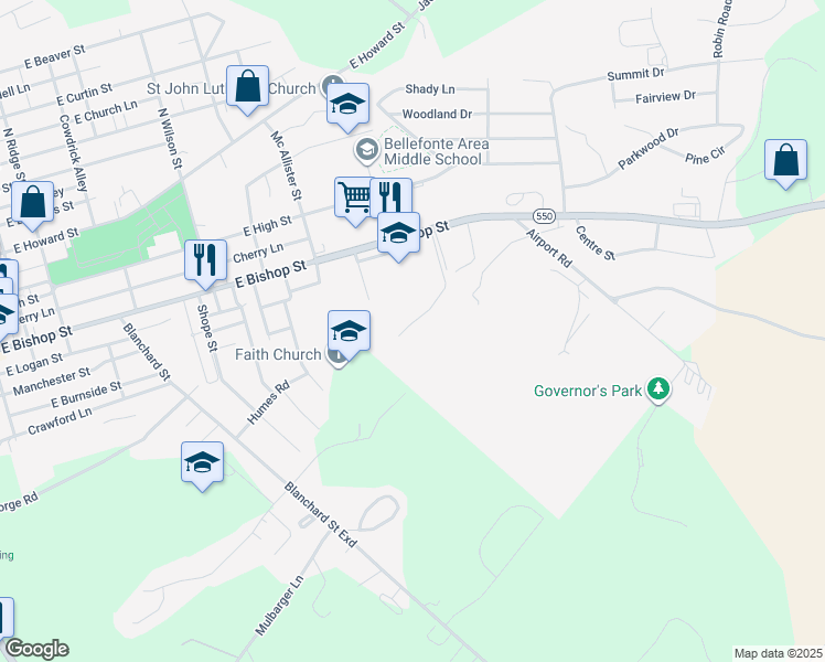 map of restaurants, bars, coffee shops, grocery stores, and more near 101 Beaver Farm Lane in Bellefonte