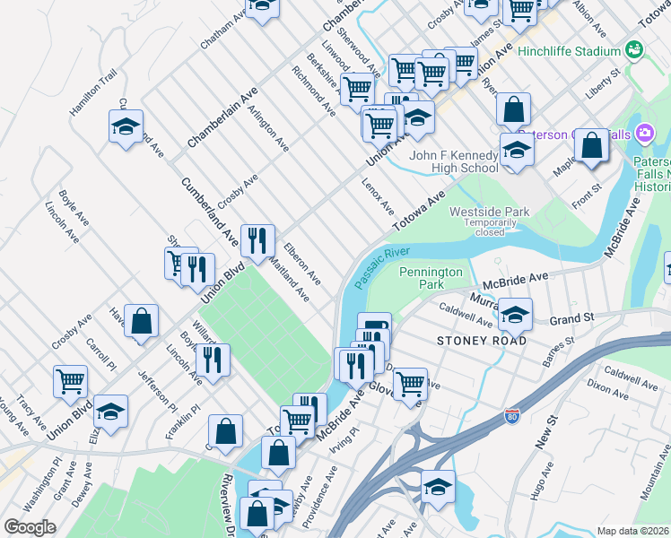 map of restaurants, bars, coffee shops, grocery stores, and more near 55 Totowa Avenue in Paterson