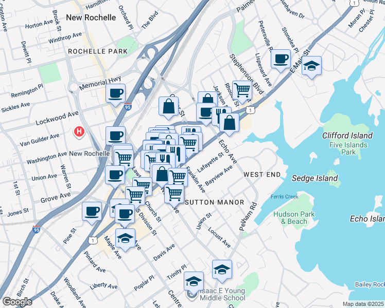 map of restaurants, bars, coffee shops, grocery stores, and more near 394 Main Street in New Rochelle