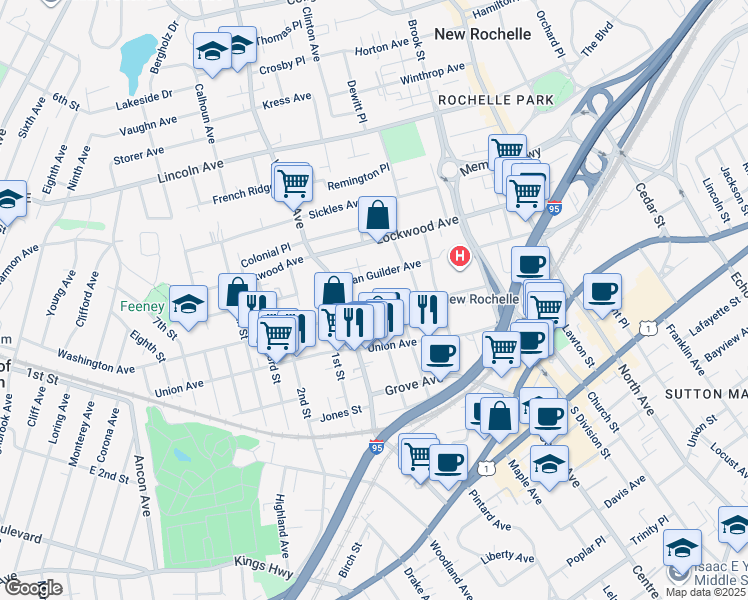 map of restaurants, bars, coffee shops, grocery stores, and more near 127 Washington Avenue in New Rochelle