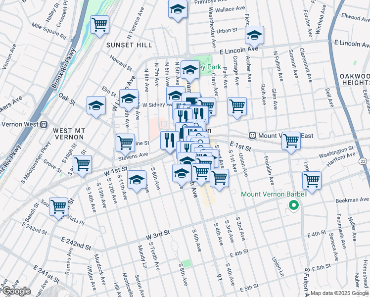 map of restaurants, bars, coffee shops, grocery stores, and more near 15 South 5th Avenue in Mount Vernon