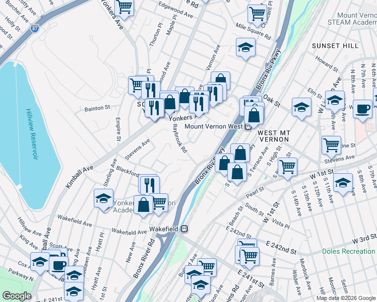 map of restaurants, bars, coffee shops, grocery stores, and more near 131 Huntsbridge Road in Yonkers