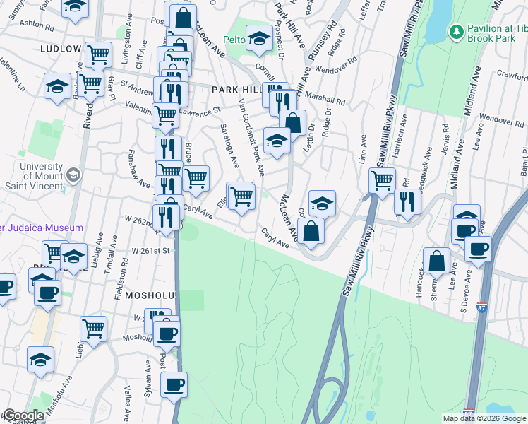 map of restaurants, bars, coffee shops, grocery stores, and more near 640 Van Cortlandt Park Avenue in Yonkers