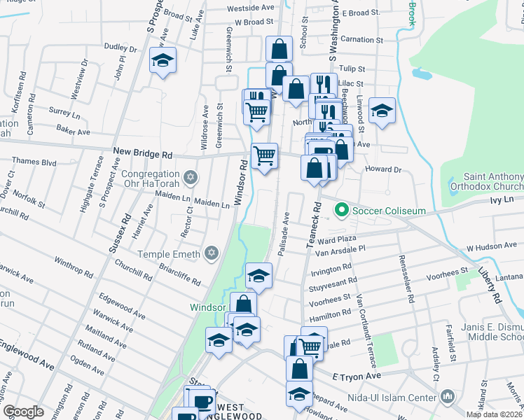 map of restaurants, bars, coffee shops, grocery stores, and more near 1775 Windsor Road in Teaneck