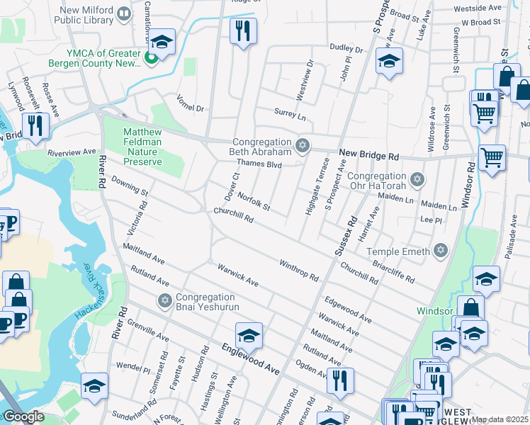 map of restaurants, bars, coffee shops, grocery stores, and more near 553 Churchill Road in Teaneck