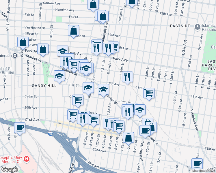 map of restaurants, bars, coffee shops, grocery stores, and more near 579 Market Street in Paterson