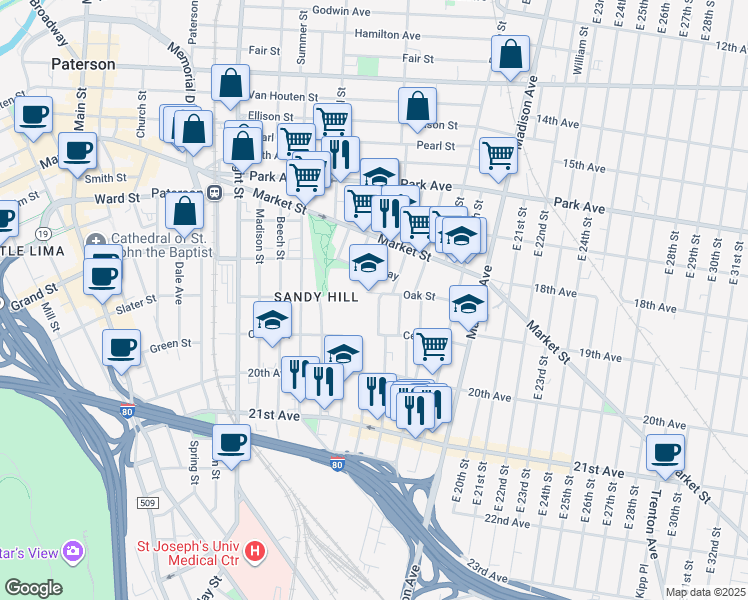 map of restaurants, bars, coffee shops, grocery stores, and more near 17 Martin Street in Paterson