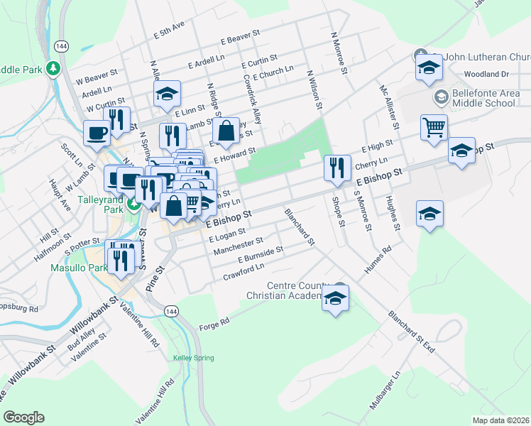 map of restaurants, bars, coffee shops, grocery stores, and more near 317 East Logan Street in Bellefonte