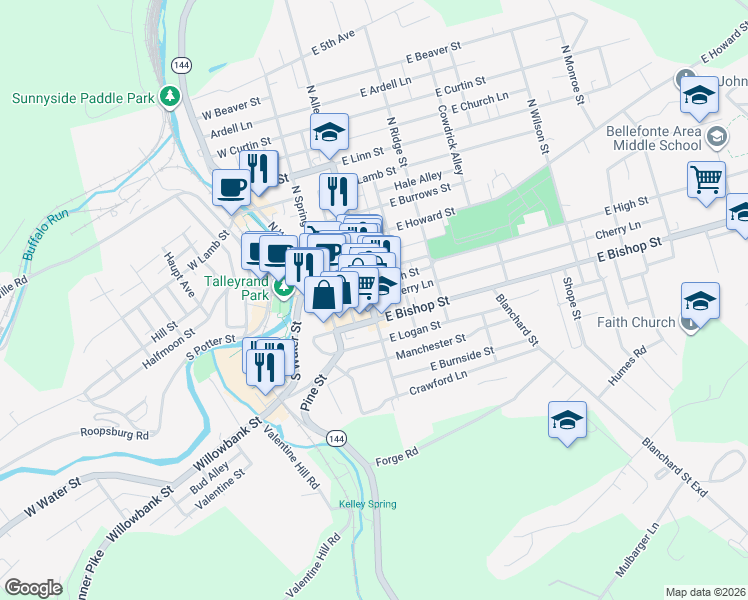 map of restaurants, bars, coffee shops, grocery stores, and more near 125 South Allegheny Street in Bellefonte