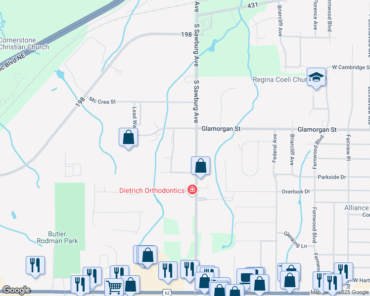 map of restaurants, bars, coffee shops, grocery stores, and more near 1277 South Sawburg Avenue in Alliance