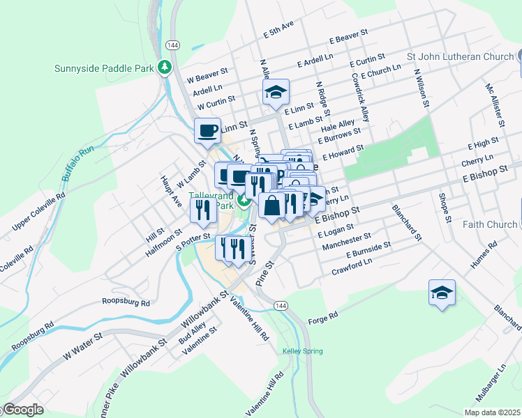map of restaurants, bars, coffee shops, grocery stores, and more near 220 West High Street in Bellefonte