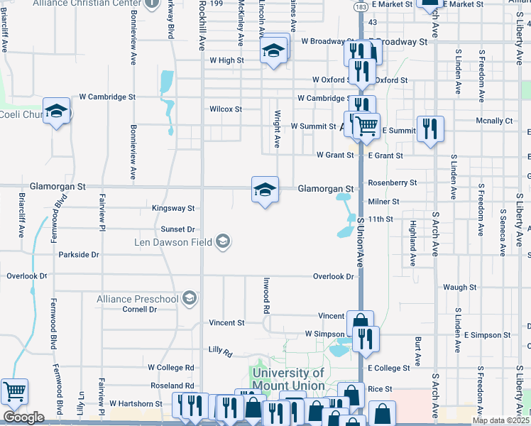map of restaurants, bars, coffee shops, grocery stores, and more near 400 Glamorgan Street in Alliance