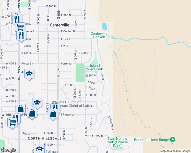 map of restaurants, bars, coffee shops, grocery stores, and more near 628 South 850 East in Centerville