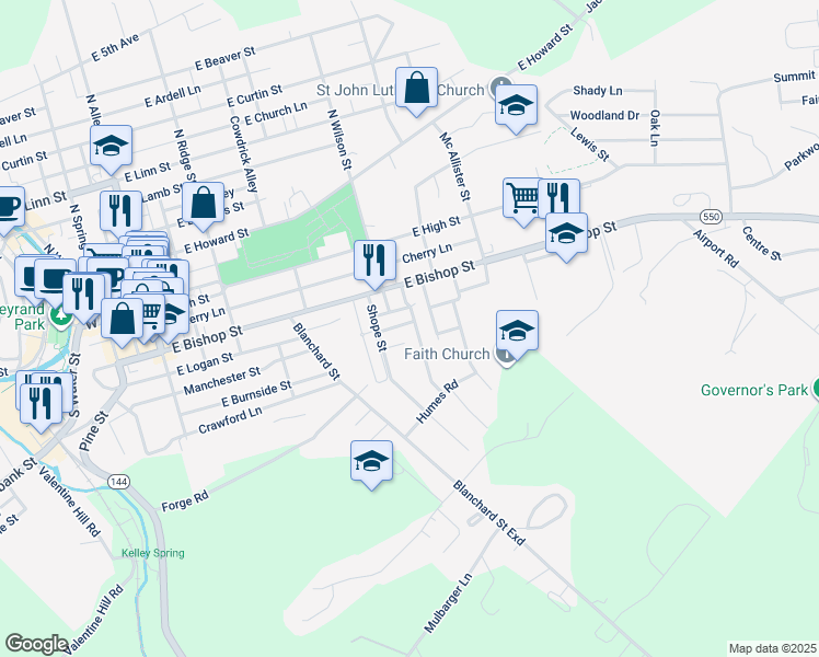 map of restaurants, bars, coffee shops, grocery stores, and more near 532 East Logan Street in Bellefonte