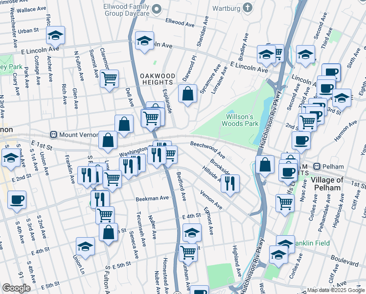 map of restaurants, bars, coffee shops, grocery stores, and more near 129 Haven Avenue in Mount Vernon