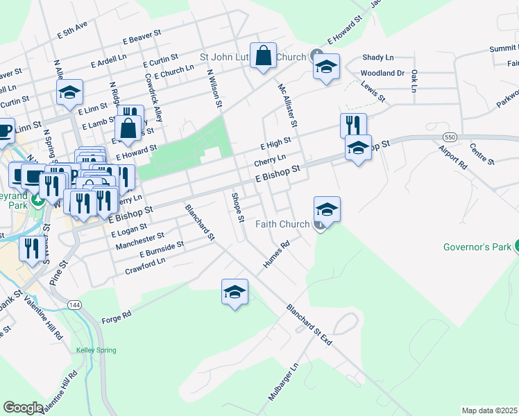 map of restaurants, bars, coffee shops, grocery stores, and more near 532 East Logan Street in Bellefonte